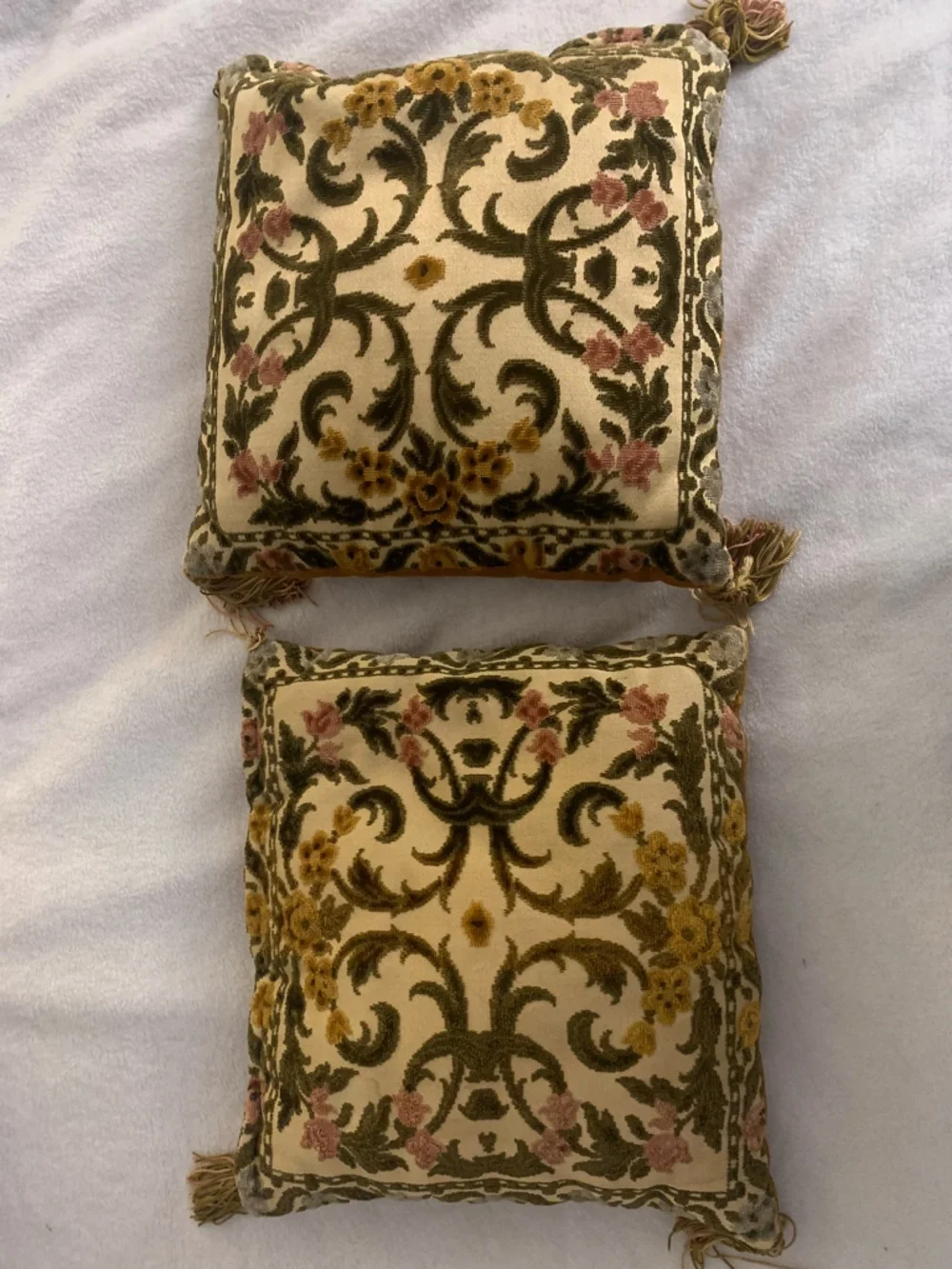Antique Velvet Damask Floral Throw Pillows with Tassel Trim approx 10 x 10